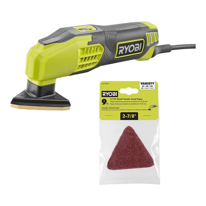 Lijadora de detalles con cable de 0.4 amperes de 2-7/8 pulgadas de RYOBI con juego extra de 9 piezas de papel de lija de detalle de 2-7/8 pulgadas - DS1200-A21D901.