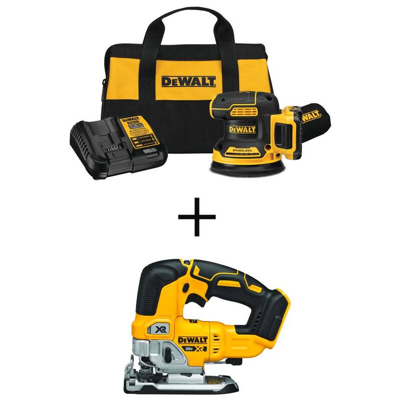 Lijadora Orbital Aleatoria Inalámbrica DEWALT 20V MAX XR sin Escobillas de 5 pulgadas y Kit de Sierra de Calar Inalámbrica sin Escobillas con Batería de 2.0Ah y Cargador - DCW210D1W334