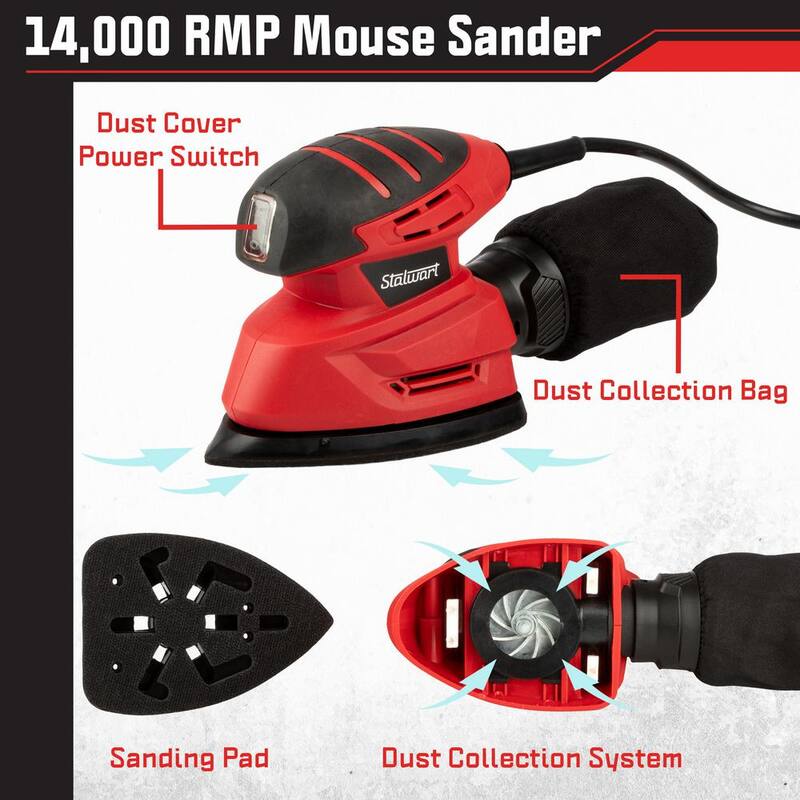Lijadoras de mano eléctricas rojas de 120 voltios Stalwart para madera - Lijadora de detalles Mouse con cable de 15 amperios y sistema de recolección de polvo - 75-PT2021