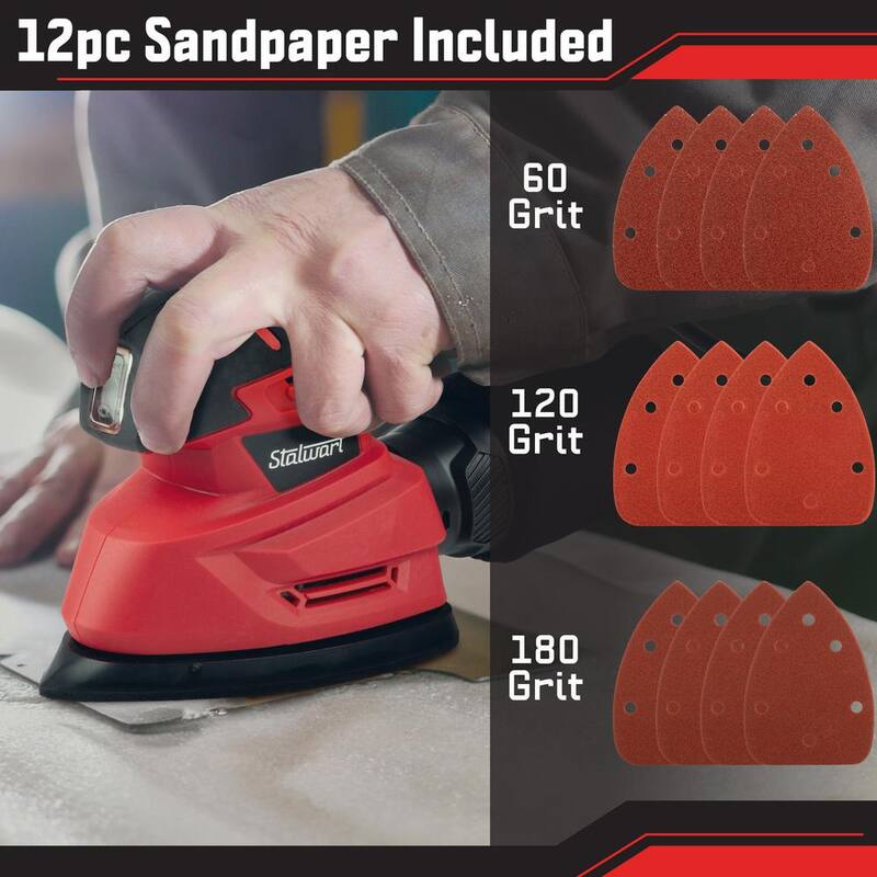 Lijadoras de mano eléctricas rojas de 120 voltios Stalwart para madera - Lijadora de detalles Mouse con cable de 15 amperios y sistema de recolección de polvo - 75-PT2021