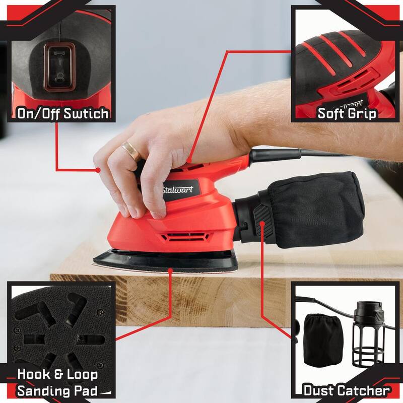 Lijadoras de mano eléctricas rojas de 120 voltios Stalwart para madera - Lijadora de detalles Mouse con cable de 15 amperios y sistema de recolección de polvo - 75-PT2021