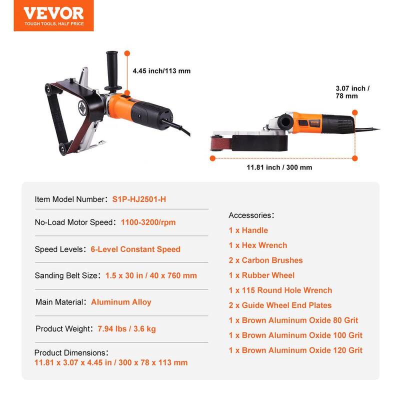 Pulidora de tubo de tubería VEVOR Grinder 1100 vatios con cable Lijadora de banda 6 velocidades 1100 a 3200 RPM, 3 piezas de banda para acabado de pulido - GDSDJ800W15XVD0ZBV1