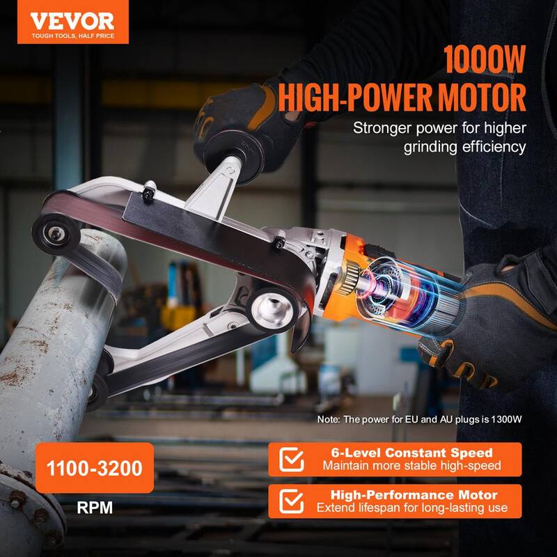 Pulidora de tubo de tubería VEVOR Grinder 1100 vatios con cable Lijadora de banda 6 velocidades 1100 a 3200 RPM, 3 piezas de banda para acabado de pulido - GDSDJ800W15XVD0ZBV1