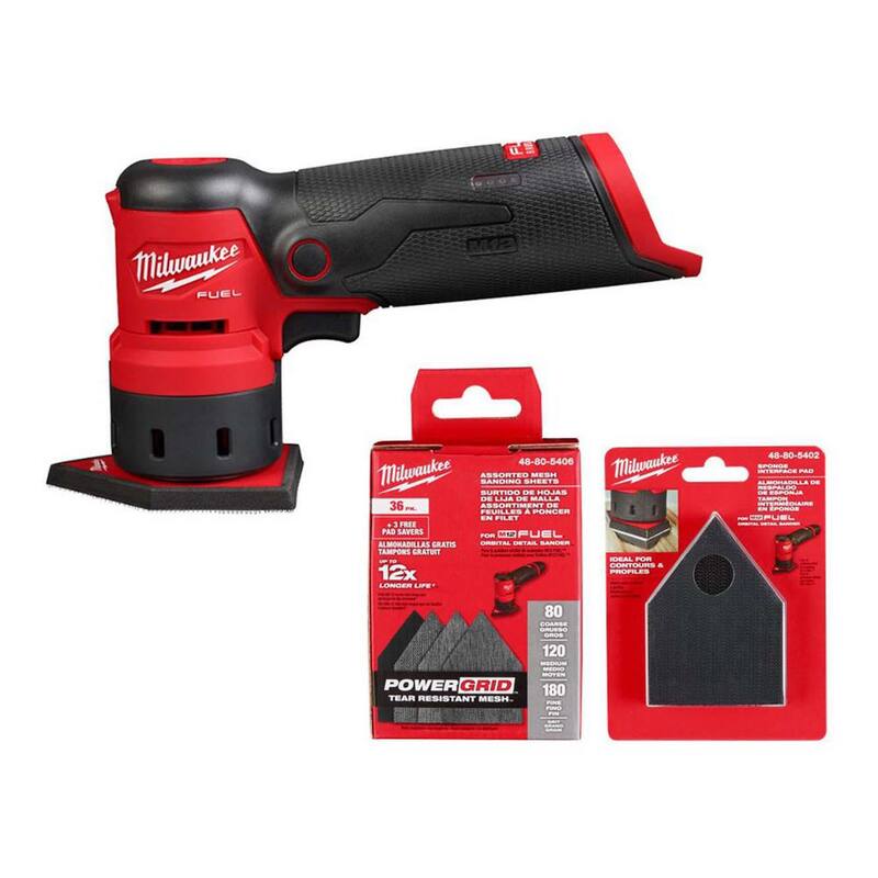 Lijadora orbital inalámbrica Milwaukee M12 12V FUEL de iones de litio - Solo herramienta con hojas de lija de malla de 80, 120 y 180 granos y almohadilla de esponja - 2531-20-48-80-5406-48-80-5402