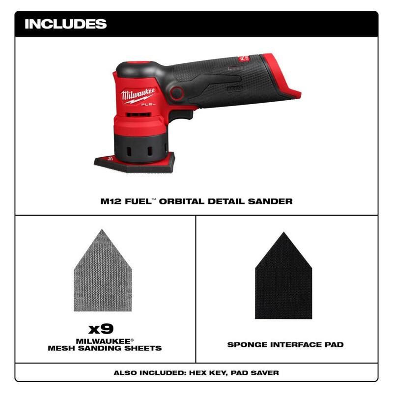 Lijadora orbital inalámbrica Milwaukee M12 12V FUEL de iones de litio - Solo herramienta con hojas de lija de malla de 80, 120 y 180 granos y almohadilla de esponja - 2531-20-48-80-5406-48-80-5402