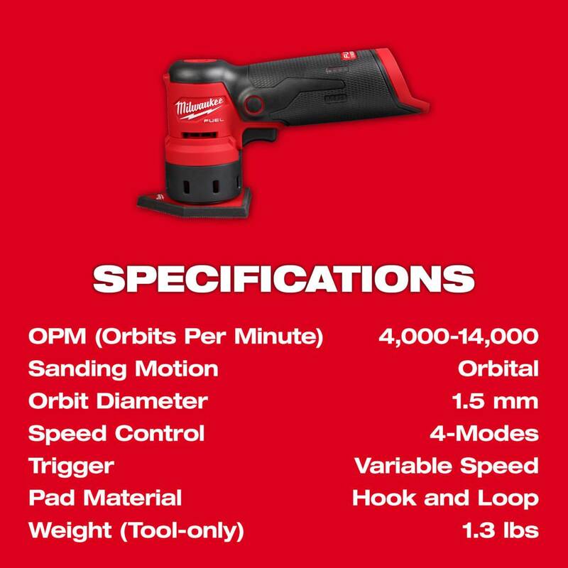 Lijadora orbital inalámbrica Milwaukee M12 12V FUEL de iones de litio - Solo herramienta con hojas de lija de malla de 80, 120 y 180 granos y almohadilla de esponja - 2531-20-48-80-5406-48-80-5402