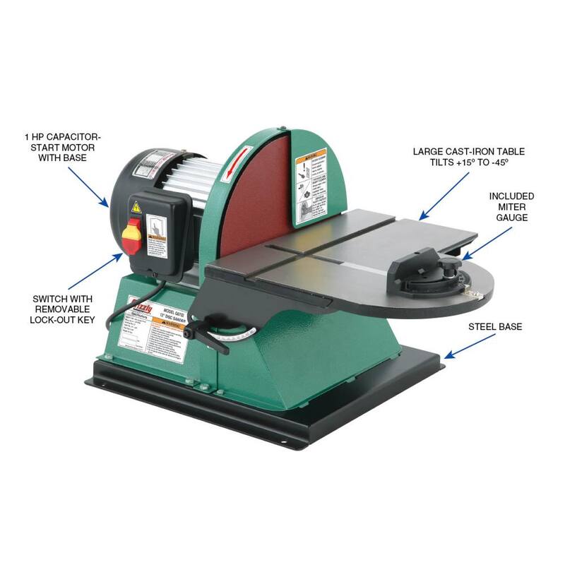 Lijadora de disco con freno de 12 pulgadas y 1 HP, con cable de 9.5 amperios - G0702 de Grizzly Industrial.