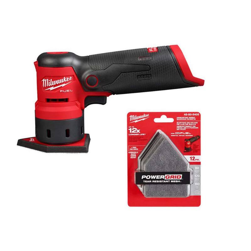 Lijadora orbital inalámbrica Milwaukee M12 12V FUEL de iones de litio (solo herramienta) con hojas de lija de malla de 80, 120 y 180 granos (paquete de 12) - 2531-20-48-80-5405