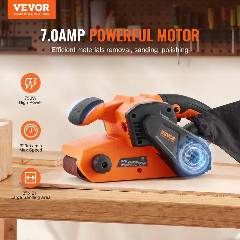 Lijadora de banda de 7 AMP 3 pulg. x 21 pulg. con cable y 6 velocidades con adaptador de 2 en 1 para aspiradora. Banda de 80 granos para carpintería - DSSGJS70AMP3XM17OV1