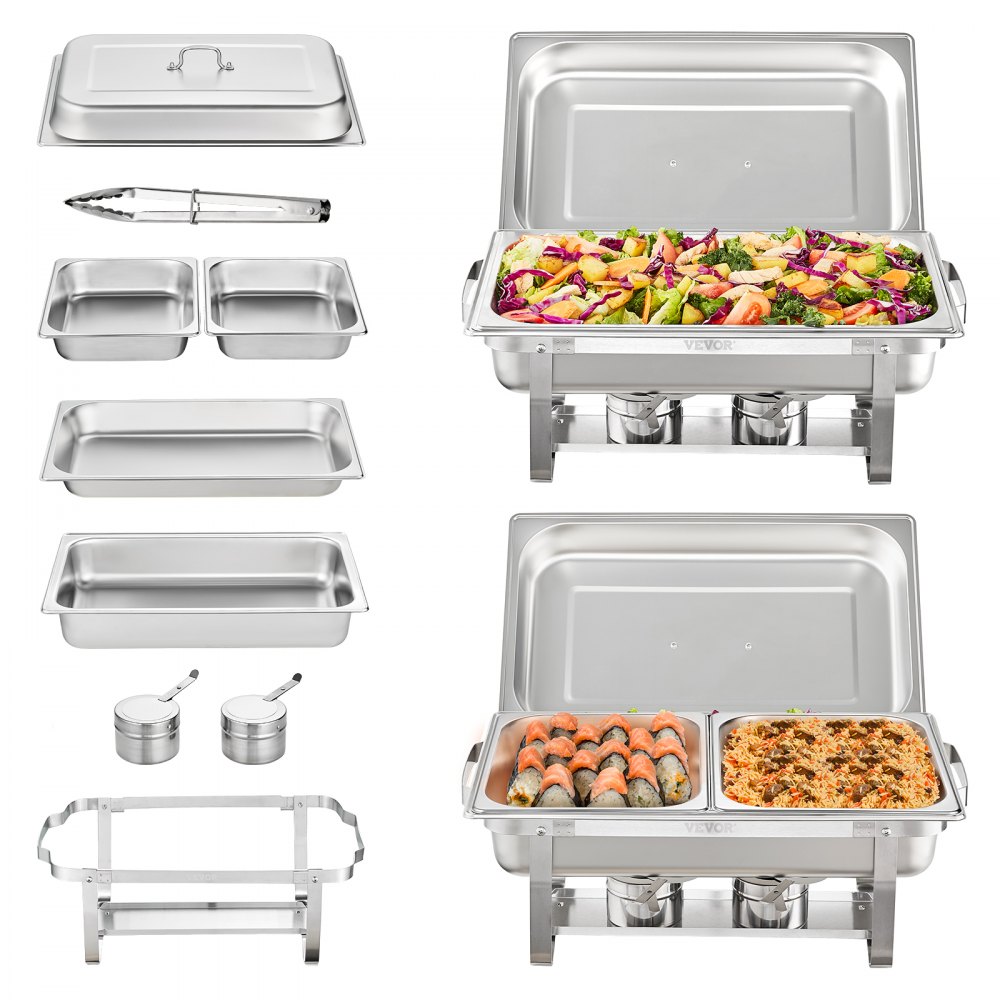 VEVOR 2-Pack Rectangle Chafing Dish Set 2 Full-Size 8Qt Pan 4 Half-Size 4Qt Pans - ZFXKCLJ28QT120H4XV0
