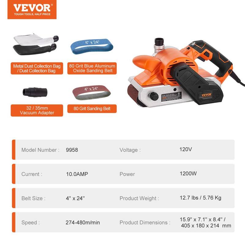 Lijadora de banda VEVOR 10 AMP 4 en. x 24 in. Lijadora con cable de 6 velocidades con adaptador de aspiradora 2 en 1, 2 Bolsas de polvo y 2 Bandas para trabajos de carpintería - DSSGJS100AMP47J4IV1