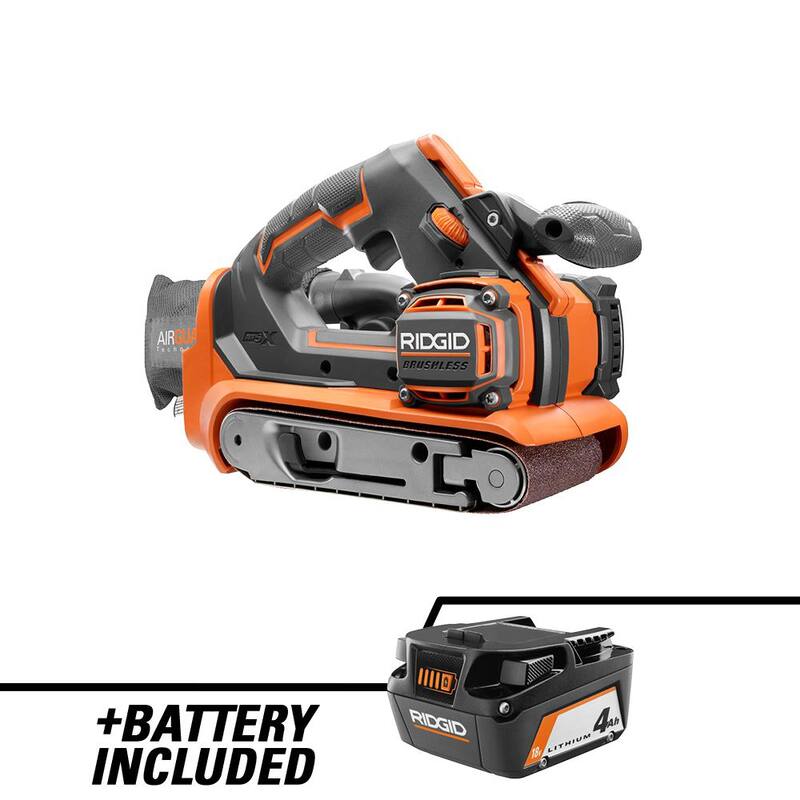 Lijadora de banda inalámbrica RIDGID 18V Brushless de 3 pulgadas x 18 pulgadas con bolsa de polvo, banda de lijado y batería de iones de litio de 18V 4.0 Ah - R86065B-AC87004