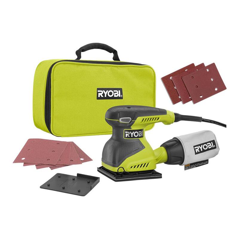 Lijadora eléctrica de 1/4 de hoja con cable de 2 amperes RYOBI con un set extra de 9 piezas de papel de lija de 1/4 de hoja - S652DGK-A19901