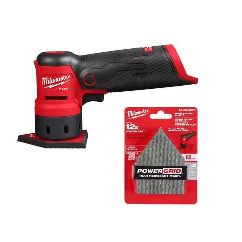 Lijadora orbital inalámbrica Milwaukee M12 12-volt FUEL de iones de litio (solo herramienta) con hojas de lija de malla de 320 granos (paquete de 12) - 2531-20-48-80-5320