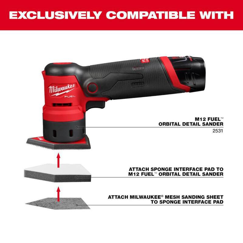 Lijadora orbital inalámbrica Milwaukee M12 12-volt FUEL de iones de litio (solo herramienta) con hojas de lija de malla de 320 granos (paquete de 12) - 2531-20-48-80-5320