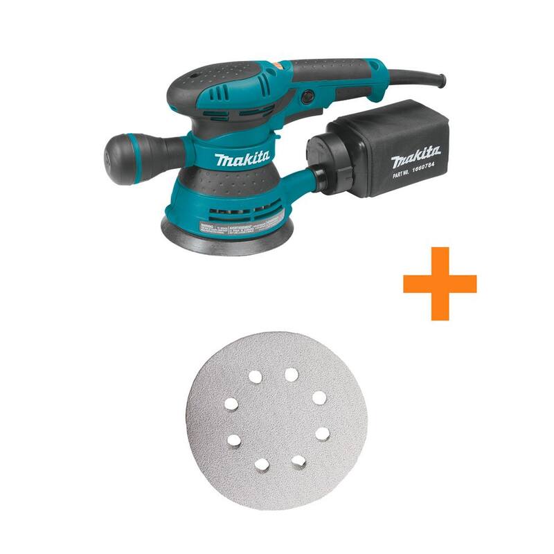 Lijadora orbital aleatoria de velocidad variable con cable de 3 amperios y 5 pulgadas de Makita con disco abrasivo redondo de 5 pulgadas y grano 120 (paquete de 5) - BO5041-794520-1
