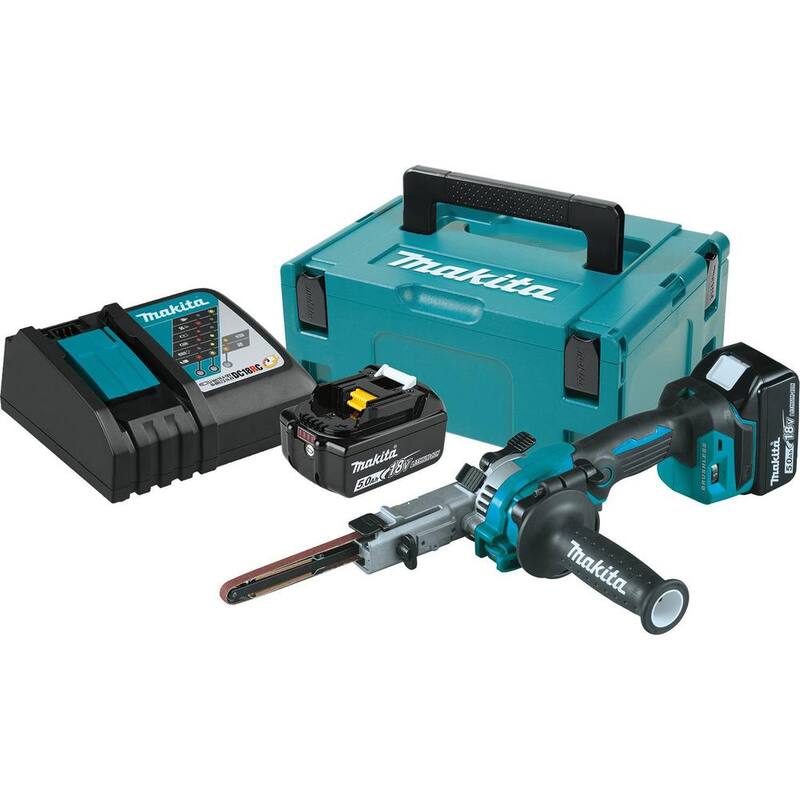 Kit de Lijadora de Banda para Detalles sin Cable de Iones de Litio 18V LXT Brushless 3/8 x 21 pulgadas de Makita, con (2) Baterías de 5.0Ah y Cargador - XSB01TJ