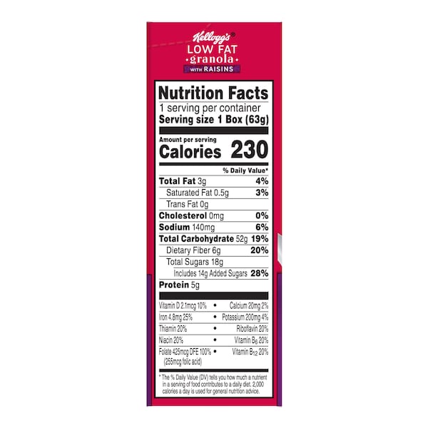Kelloggs Low Fat Granola With Raisins Multi Grain Cereal 2.22 oz., PK70 - 3800022013