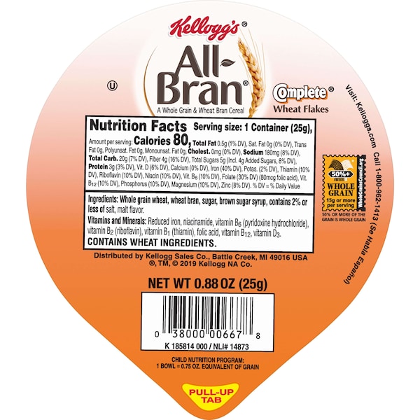 Kelloggs Kellogg's All Bran Complete Wheat Flakes Cereal .88 oz. Bowl, PK96 - 3800000696