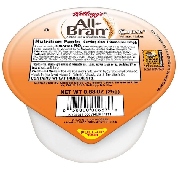 Kelloggs Kellogg's All Bran Complete Wheat Flakes Cereal .88 oz. Bowl, PK96 - 3800000696