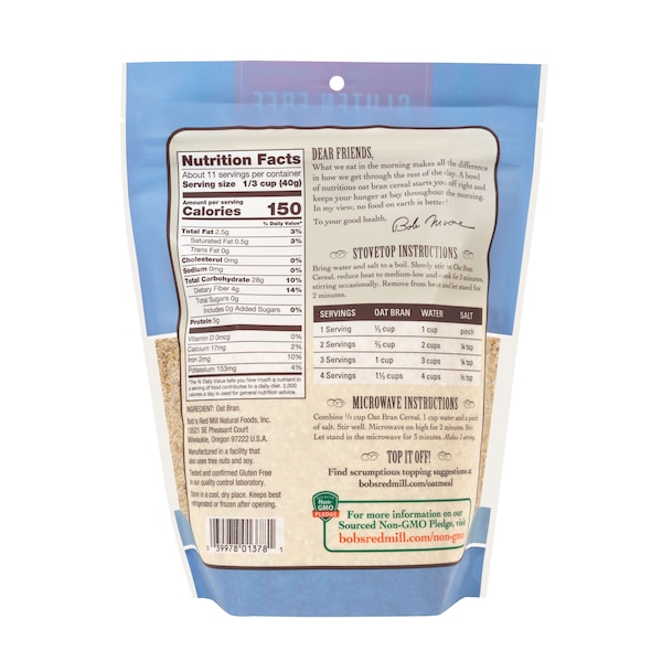 Bobs Red Mill Natural Foods Bob's Red Mill Gluten Free Oat Bran Hot Cereal 16 oz. Bag, PK4 - 1985S164