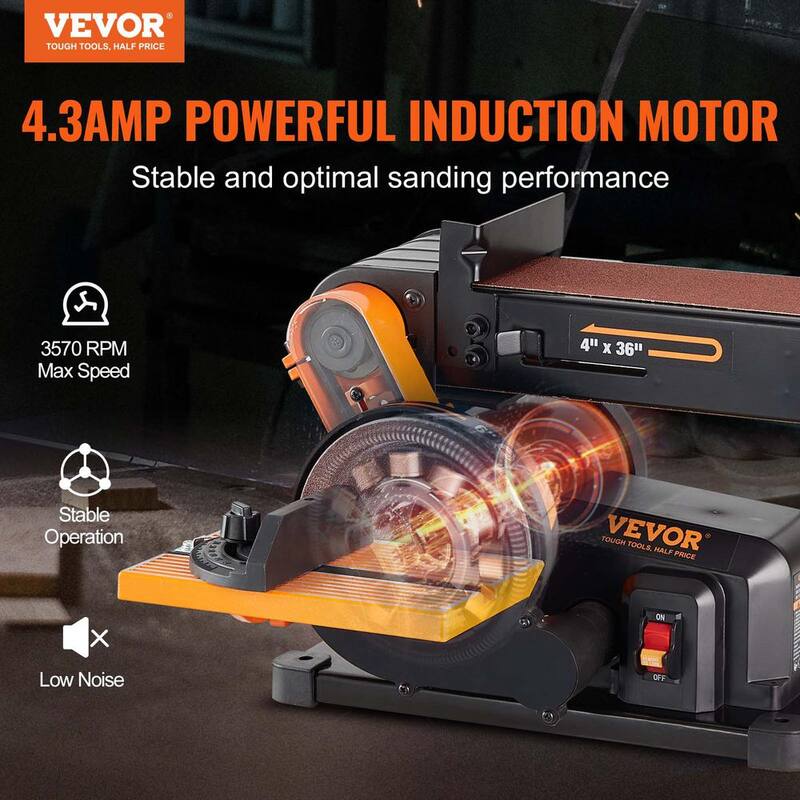 Combo de lijadora de banda y disco VEVOR, Lijadora de disco de 6 pulgadas y Lijadora de banda de 4 pulgadas x 36 pulgadas, Lijadora de banco inclinable con banda y mesa de trabajo de fundición - ZHSDPSGJMGJJKYMH1V1-0904