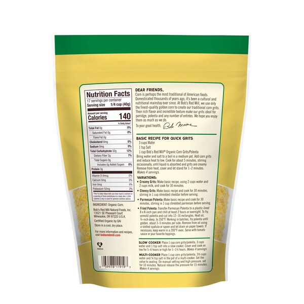 Bobs Red Mill Natural Foods Organic Corn Grits/Polenta 24 oz. Resealable Pouches, PK4 - 6009S244