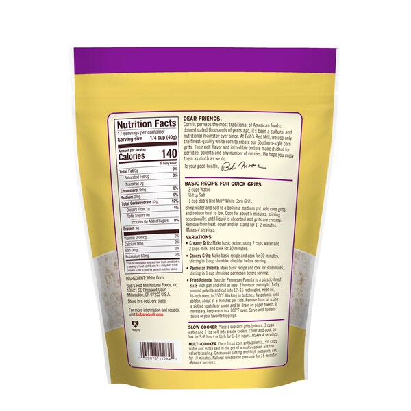 Bobs Red Mill Natural Foods Bob's Red Mill White Corn Grits 24 oz. Resealable Pouches, PK4 - 1149S244