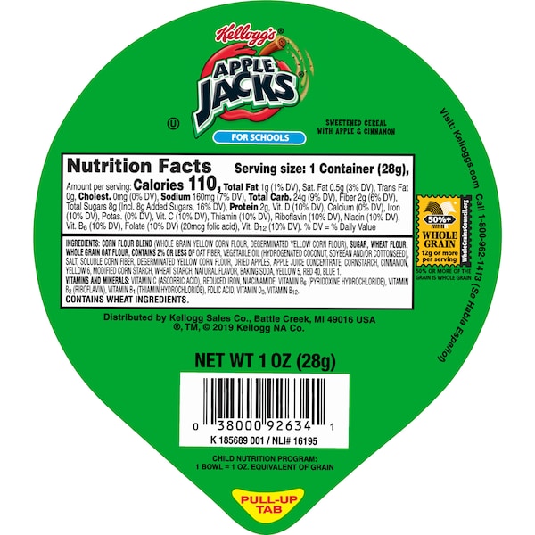 Kelloggs Kellogg's Reduced Sugar Whole Grain Apple Jacks Cereal 1 oz., PK96 - 3800078787