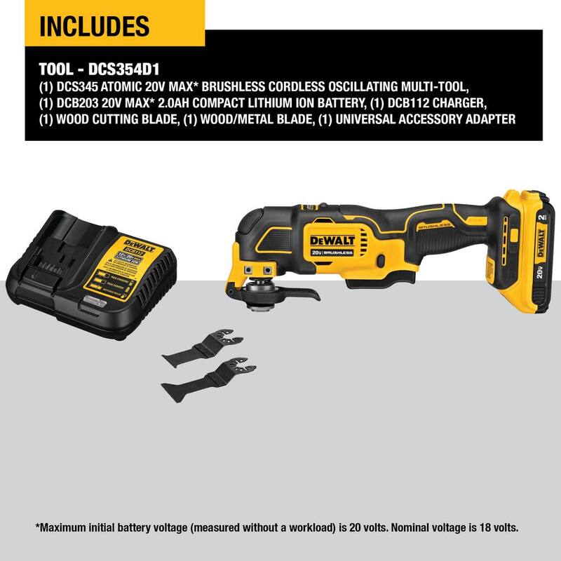 Herramienta oscilante multitareas inalámbrica sin escobillas DEWALT ATOMIC 20V MAX con (1) batería de 20V 2.0Ah y cargador - DCS354D1