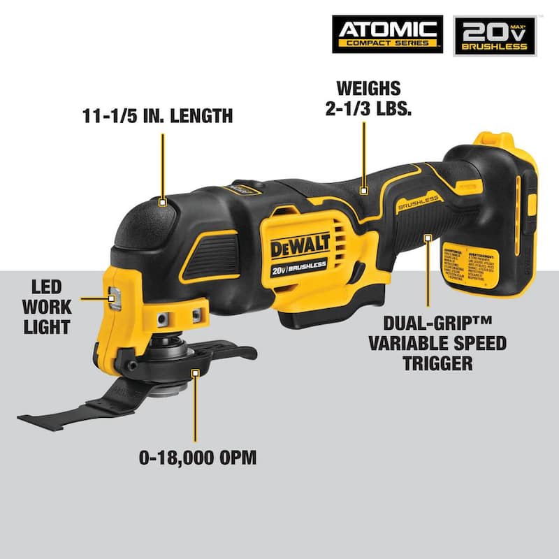 Herramienta oscilante multitareas inalámbrica sin escobillas DEWALT ATOMIC 20V MAX con (1) batería de 20V 2.0Ah y cargador - DCS354D1