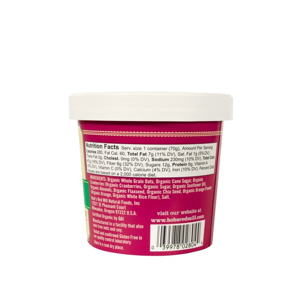 Bobs Red Mill Natural Foods Organic Gluten Free Orange Cranberry Oatmeal Cup 2.47 oz. Cup, PK12 - 6125C0112