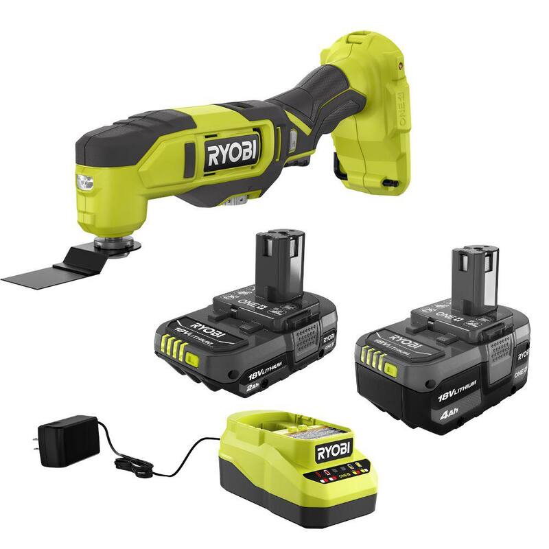 Juego de batería de iones de litio RYOBI ONE+ 18V 4.0 Ah, batería de 2.0 Ah y cargador con la herramienta multiusos inalámbrica ONE+ - PCL430B-PSK106SB