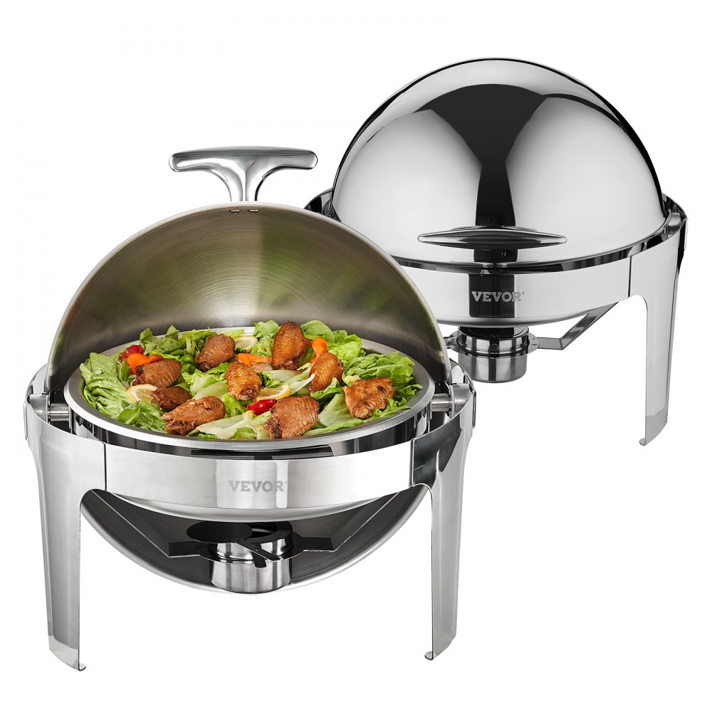 VEVOR Roll Top Chafing Dish Buffet Set, 6 Qt 2 Pack, Stainless Steel Chafer with 2 Full Size Pans, Round Catering Warmer Server with Lid Water Pan Stand Fuel Holder, for at Least 5 People Each - QXKCLJTQX26QT6HT8V0