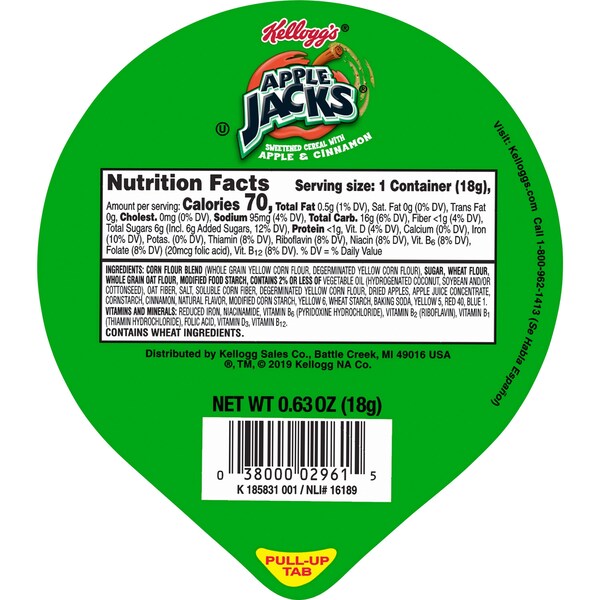 Kelloggs Kellogg's Apple Jacks Cereal .63 oz. Bowl, PK96 - 3800002996