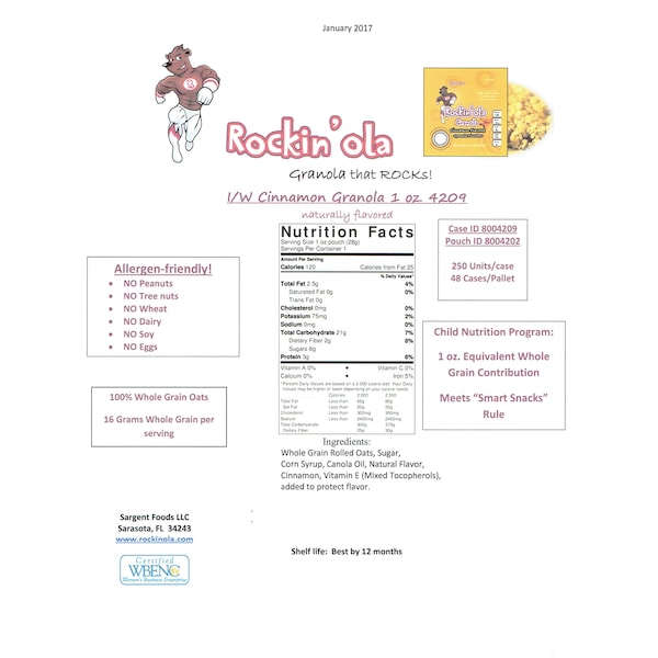 Rockinola Rockin'Ola Cinnamon Granola 28g, PK250 - 8004209