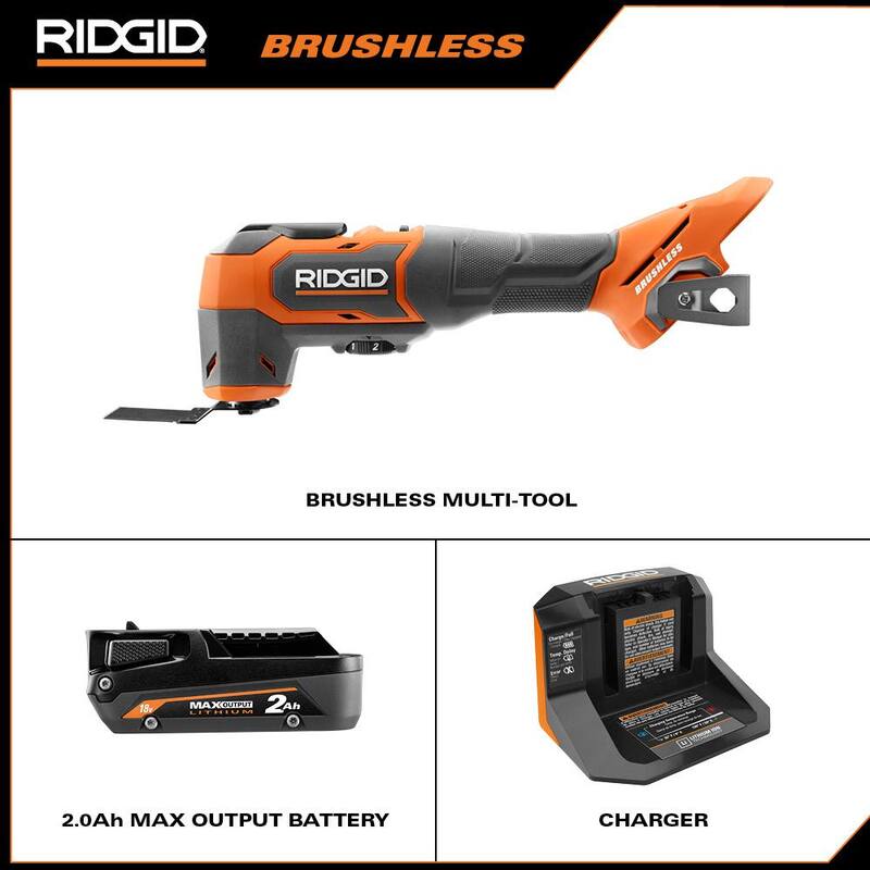 Kit de herramienta múltiple oscilante inalámbrica sin escobillas RIDGID de 18V con batería de salida máxima de 2.0 Ah y cargador de 18V - R86240KN.