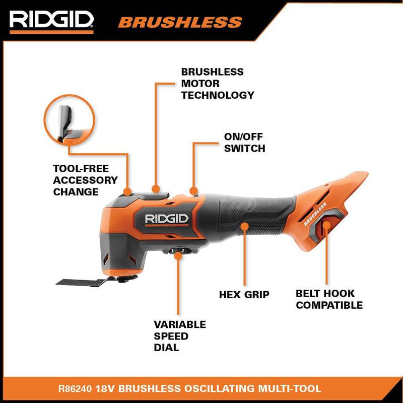 Kit de herramienta múltiple oscilante inalámbrica sin escobillas RIDGID de 18V con batería de salida máxima de 2.0 Ah y cargador de 18V - R86240KN.