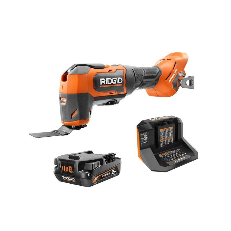 Kit de herramienta múltiple oscilante inalámbrica sin escobillas RIDGID de 18V con batería de salida máxima de 2.0 Ah y cargador de 18V - R86240KN.