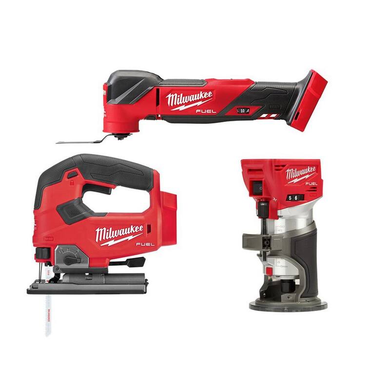 Herramienta Múltiple Oscilante Inalámbrica Brushless de Iones de Litio de 18V Milwaukee M18 FUEL con Router Compacto FUEL y Sierra de Calar (3 Herramientas) - 2836-20-2723-20-2737-20