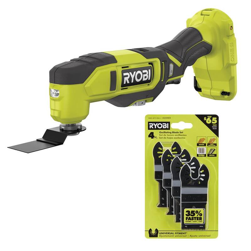 Herramienta múltiple inalámbrica RYOBI ONE+ 18V (solo herramienta) con juego de 4 hojas para herramienta múltiple oscilante de madera y metal - PCL430B-A24402