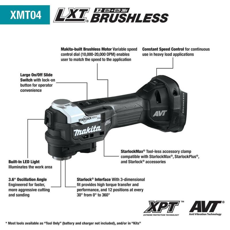 Equipo multiusos oscilante Sub-compacto inalámbrico sin escobillas StarlockMax de litio de 18V LXT de Makita (2.0Ah) - XMT04R1B