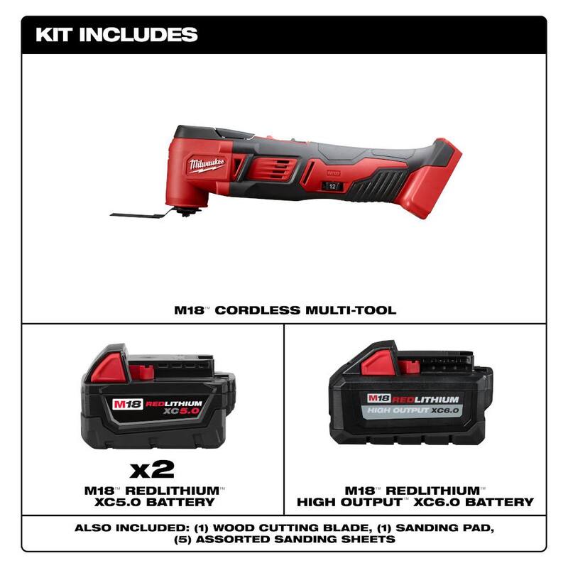 Milwaukee M18 18V Multiherramienta oscilante inalámbrica de iones de litio con batería M18 (1) de alto rendimiento de 6.0Ah y (2) batería de 5.0Ah - 2626-20-48-11-1856