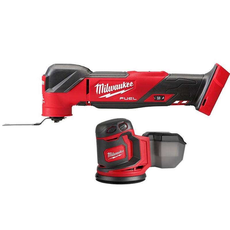 Herramienta multiusos oscilante inalámbrica con tecnología M18 FUEL de 18 voltios y batería de iones de litio, junto con lijadora orbital aleatoria de 5 pulgadas M18 - 2836-20-2648-20