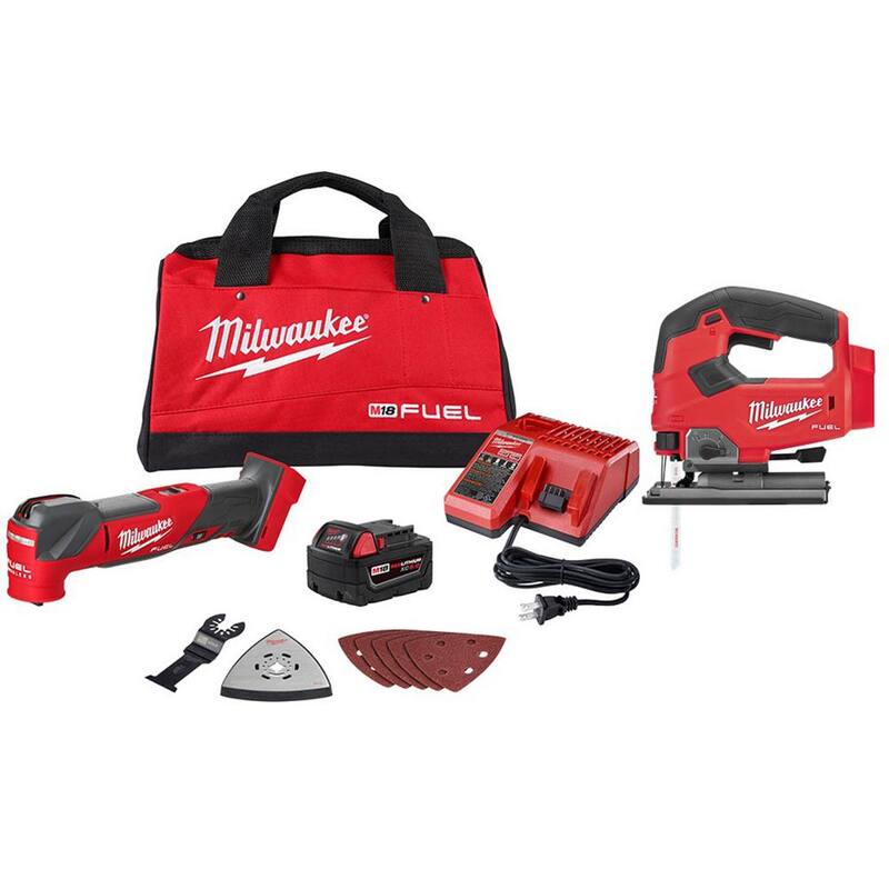 Kit de herramienta múltiple oscilante inalámbrica de 18V con tecnología Lithium-Ion sin escobillas Milwaukee M18 FUEL, junto con la sierra caladora FUEL - 2836-21-2737-20.