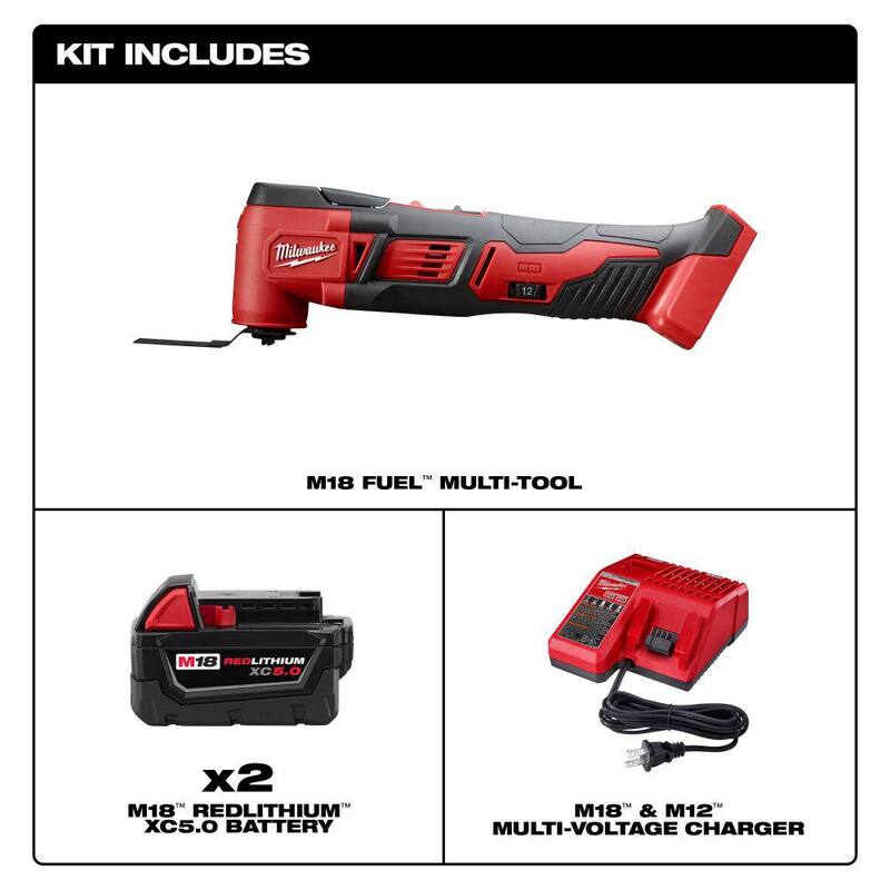 Herramienta eléctrica oscilante multiusos inalámbrica Milwaukee M18 18V de iones de litio con (2) baterías de 5.0Ah y cargador - 2626-20-48-59-1852B