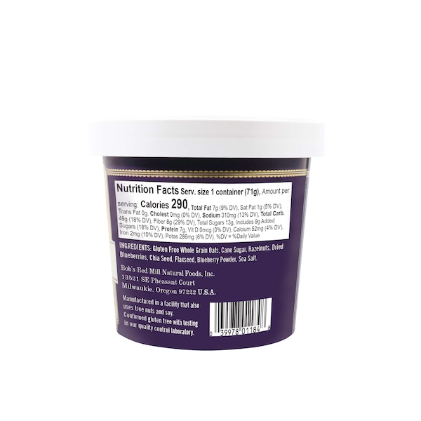 Bobs Red Mill Natural Foods Gluten Free Blueberry Hazelnut Oatmeal Cup 2.5 oz. Cup, PK12 - 1367C0112
