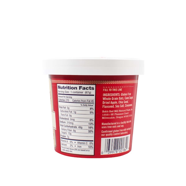 Bobs Red Mill Natural Foods Gluten Free Apple Cinnamon Oatmeal Cup 2.36 oz. Cup, PK12 - 1366C0112