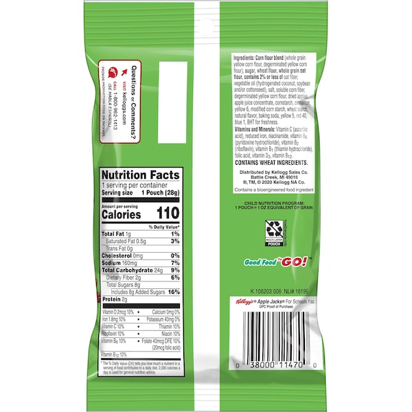 Kelloggs Kellogg's Apple Jacks Reduced Sugar Cereal 1 oz. Bag, PK96 - 3800011469