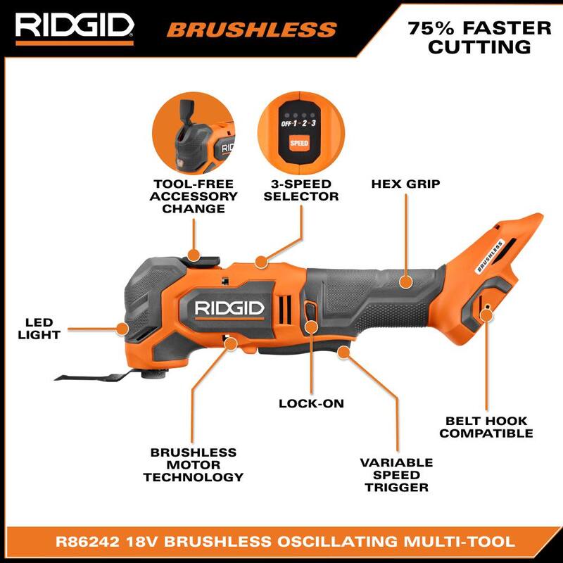Kit de batería RIDGID 18V 4.0 Ah MAX Output y cargador rápido con herramienta multiusos oscilante inalámbrica de 18V Brushless - AC9840-R86242B